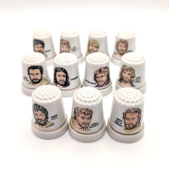 Unbranded Other - Vintage 11 Piece Apostle Thimble Set Porcelain Gold Trim Biblical Collectible